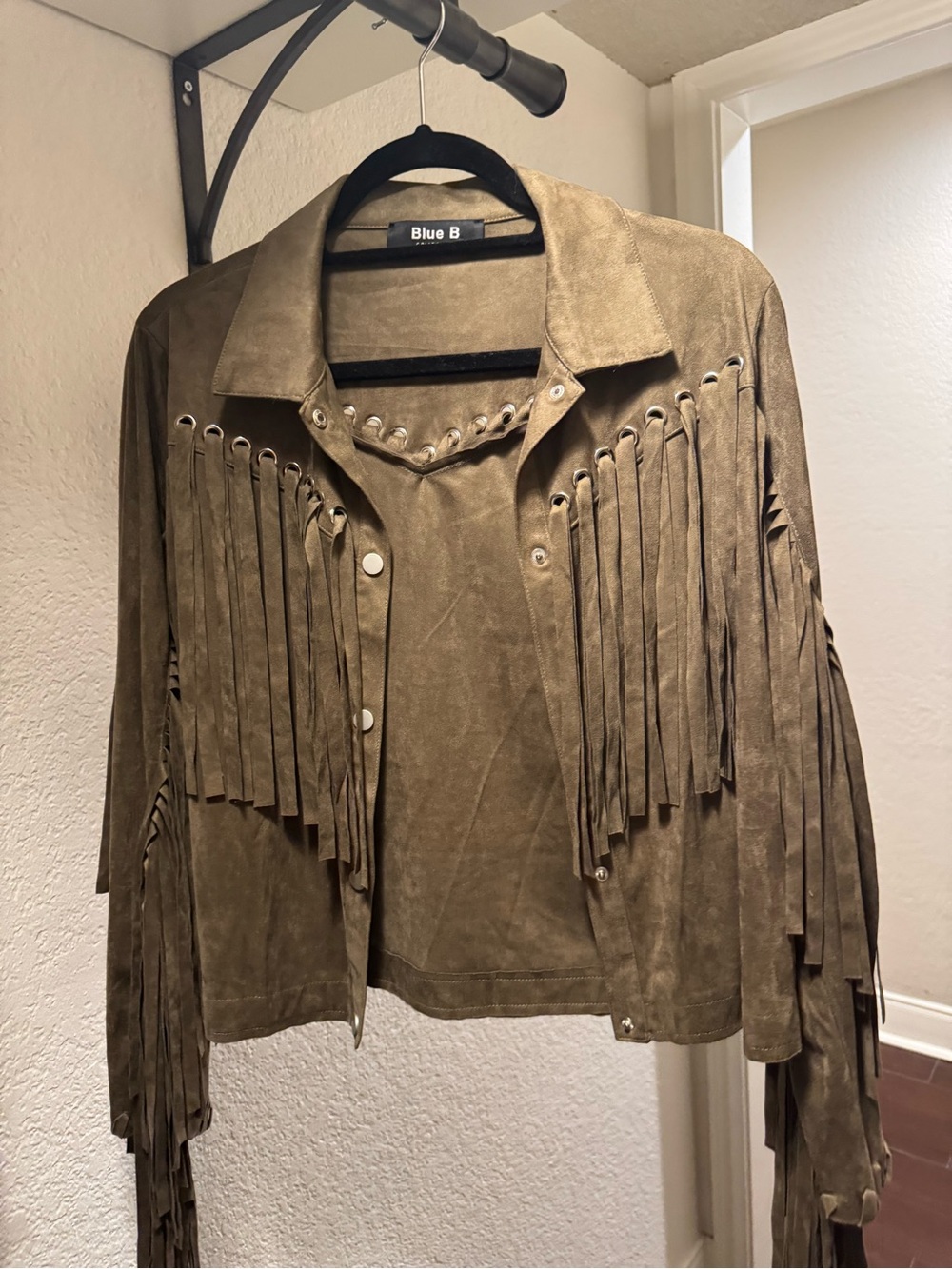 Blue B Olive Suede Fringe Bomber Jacket